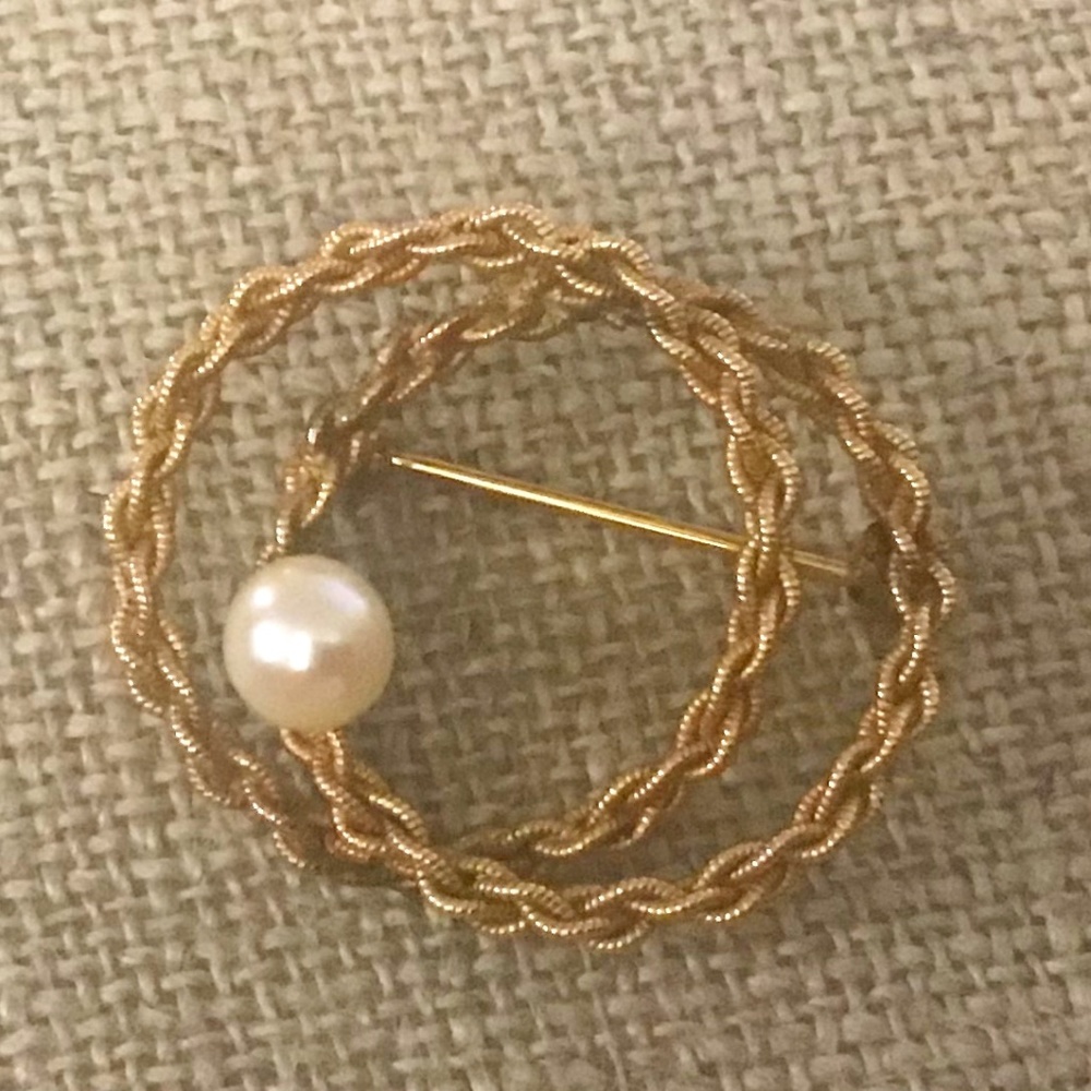 Winard 12K GF Gold Filled Rope Circles & Pearl Brooch Pin MCM Vintage HTF